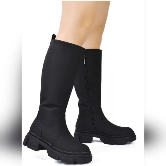 Women's Mid Calf Boots Round Toe Black Color - Picture 2 of 5